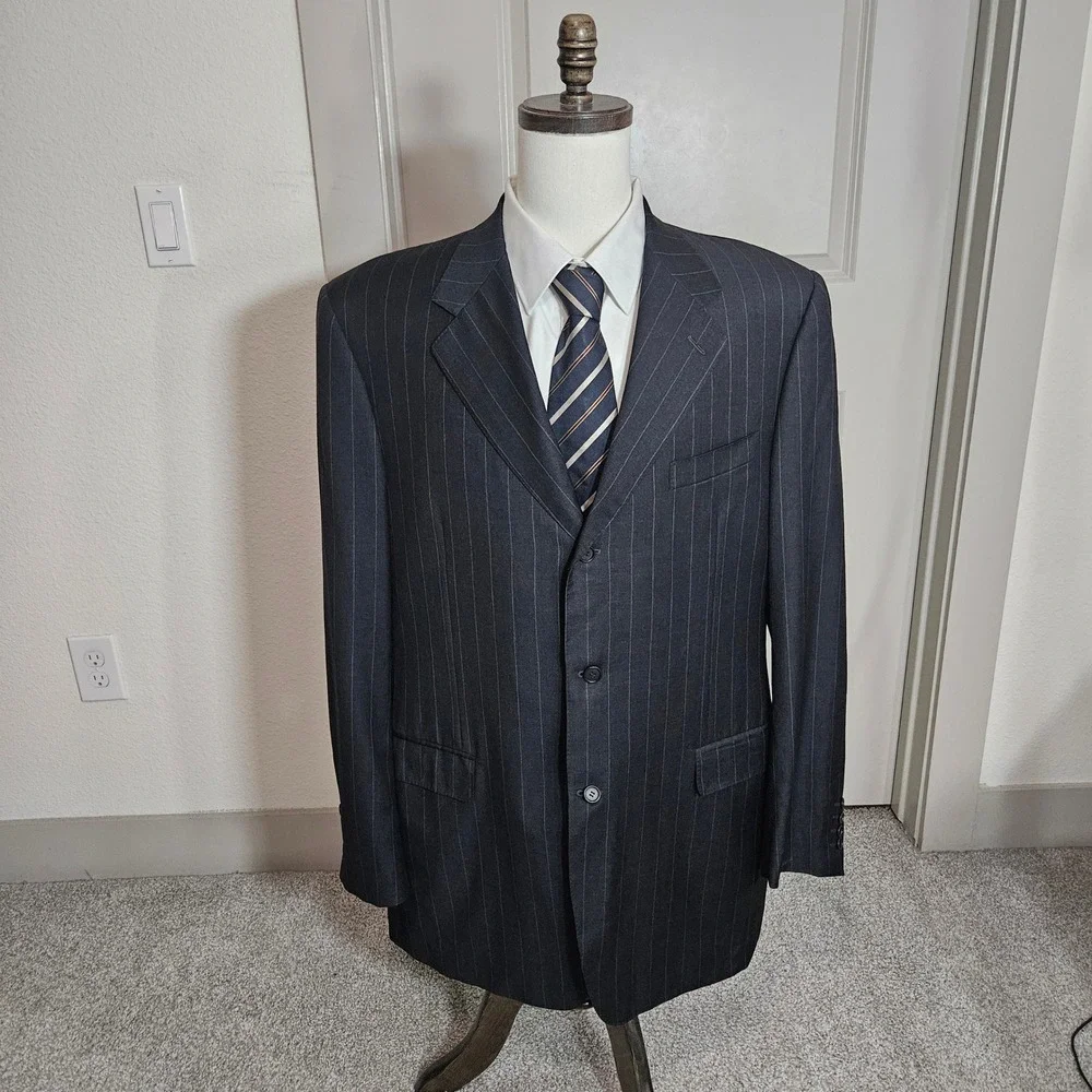 Canali Mens Pinstripe‎ Wool Suit Jacket Blazer Charcoal Grey 3 Button Italy 48R
